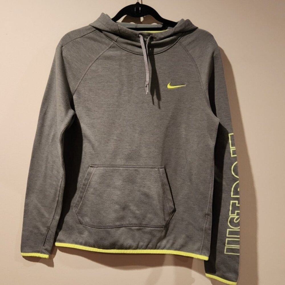 NIKE charcoal gray with neon yellow logo long sleeve hoodie dri fit size M